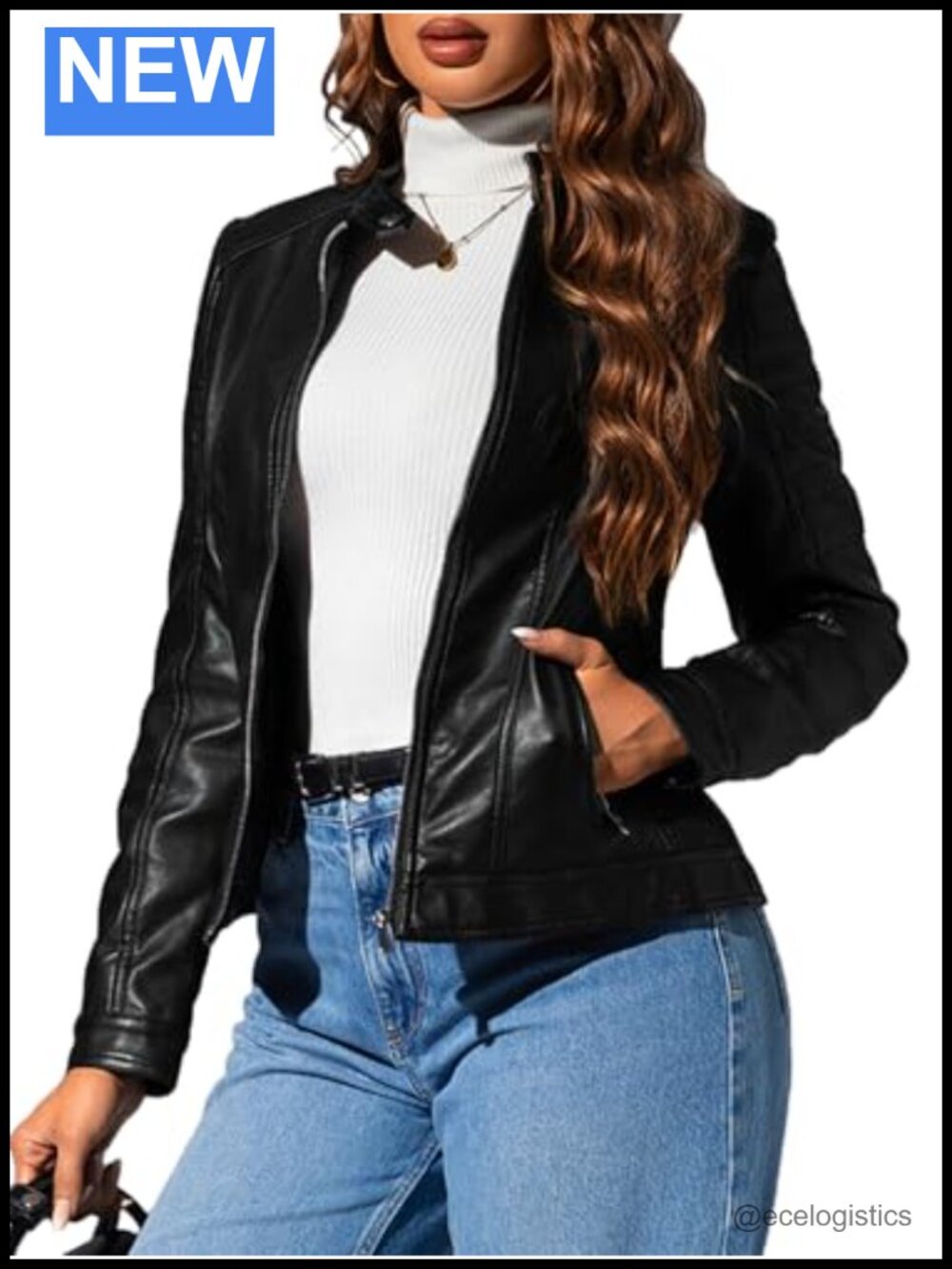 Faux Leather Women Motorcycle Stand Collar Jacket Moto Biker